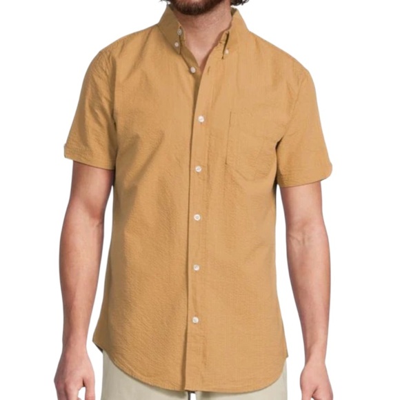 Ben Sherman Seersucker Button Front Short Sleeve Shirt Tan Men’s Size Medium - Picture 1 of 16
